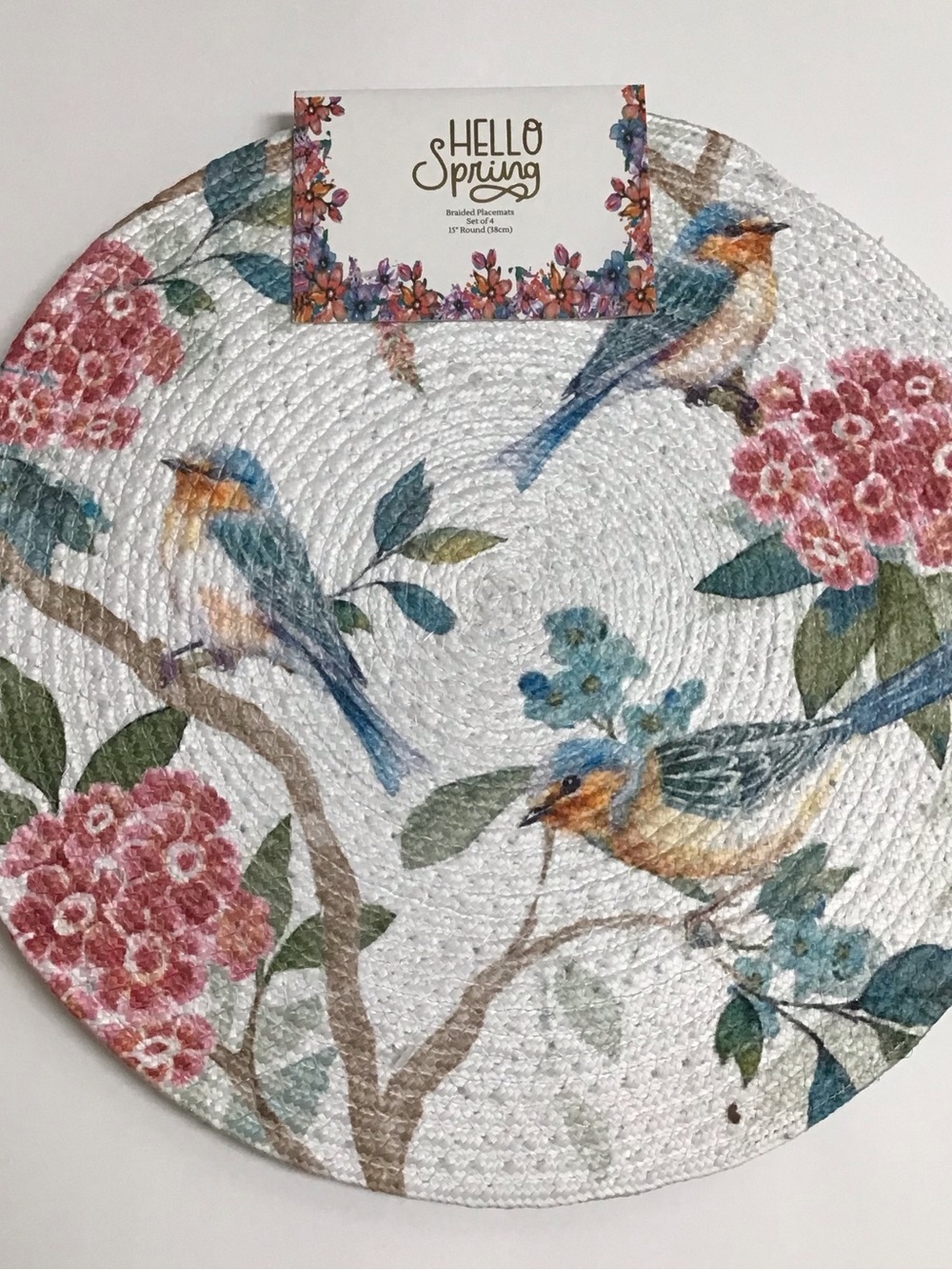 Spring Birds Placemats Floral Braided SET OF 4 15” Round Handmade in India NEW